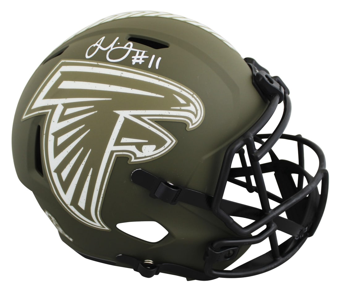 BAS authenticated Julio Jones Falcons full size Speed replica helmet: BAS authenticated Julio Jones Falcons full size Speed replica helmet This Atlanta Falcons Salute To Service full-size Speed replica helmet is personally signed by Julio Jones. The helmet is an alterna
