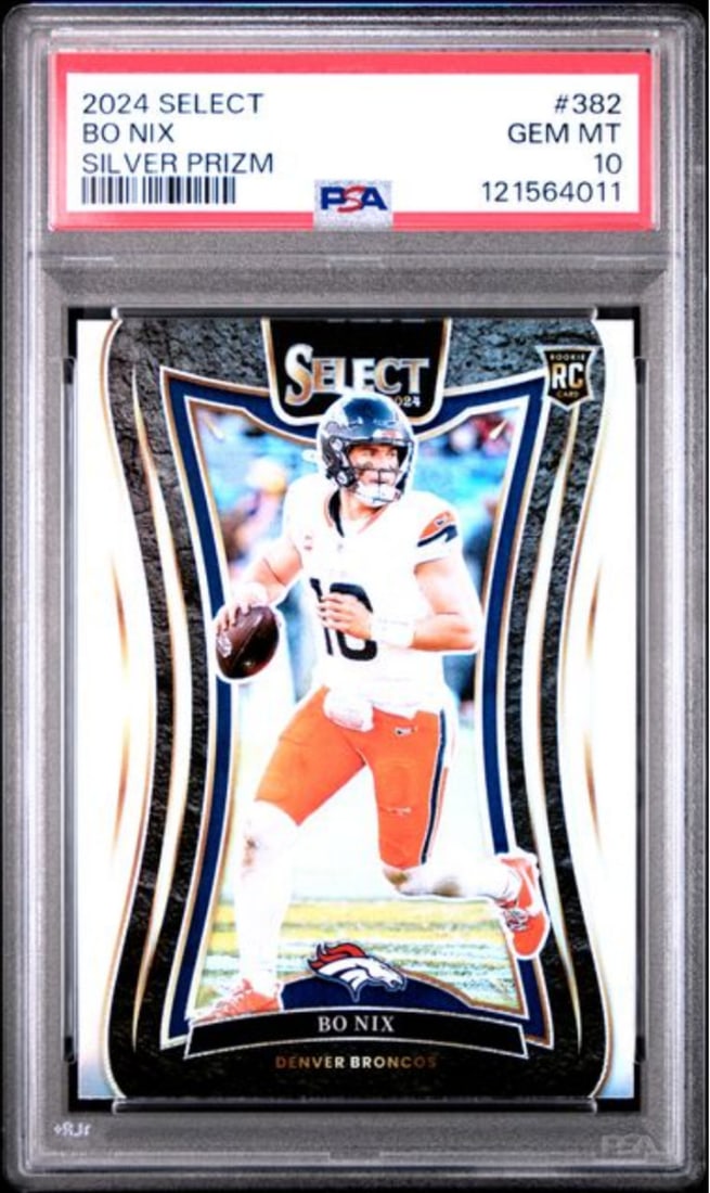 PSA 10 Bo Nix 2024 Select Silver Prizm Rookie Card #382 Gem Mint: PSA 10 Bo Nix 2024 Select Silver Prizm Rookie Card #382 Gem Mint This is an original 2024 Panini Select Bo Nix #382 Silver Prizm rookie card, professionally graded PSA 10 Gem Mint by the Professional 