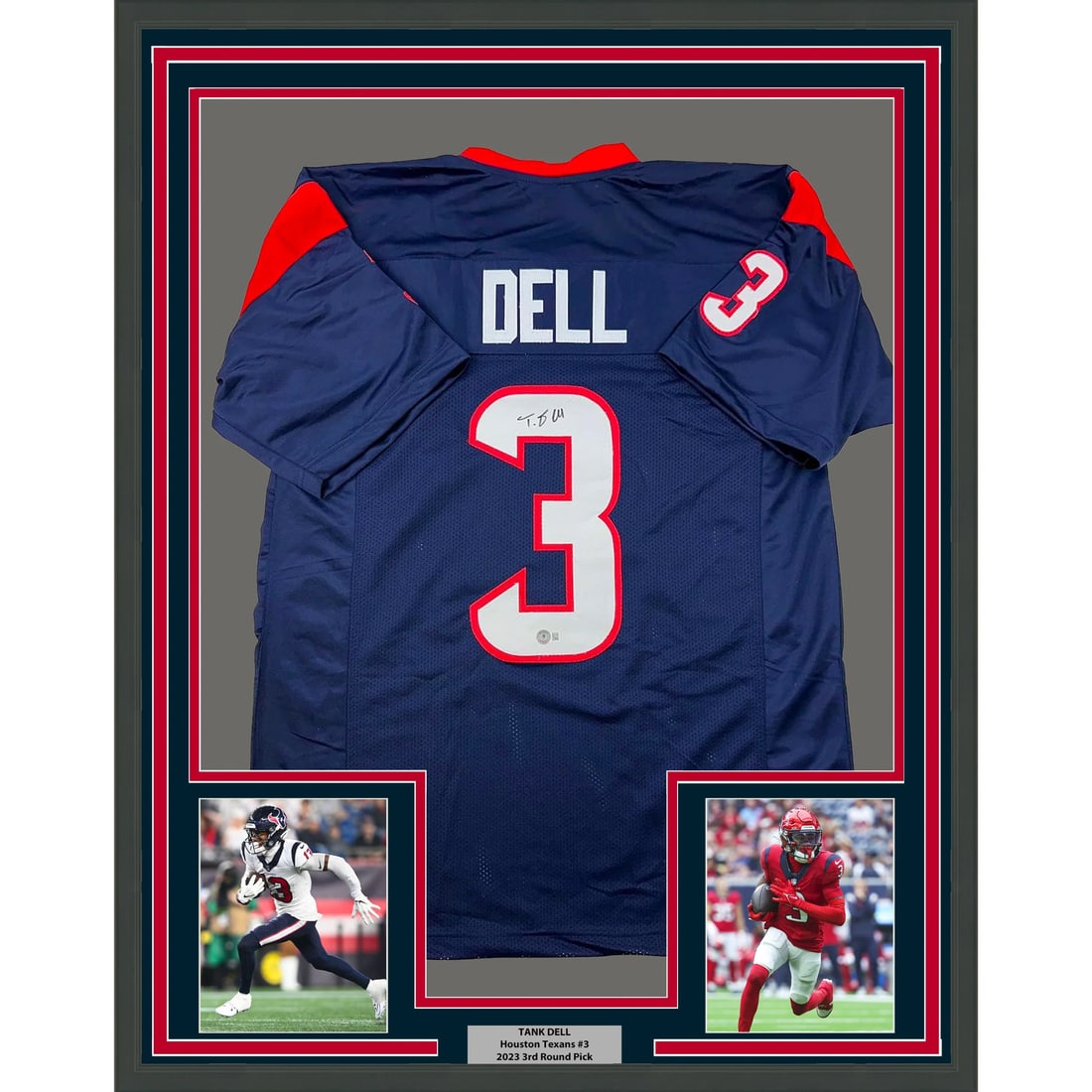 Framed Autographed Tank Dell Houston Texans Jersey with BAS COA: Framed Autographed Tank Dell Houston Texans Jersey with BAS COA This beautifully framed and autographed Tank Dell Houston Texans jersey is a must-have for any NFL fan. The jersey, measuring 33x42 inch
