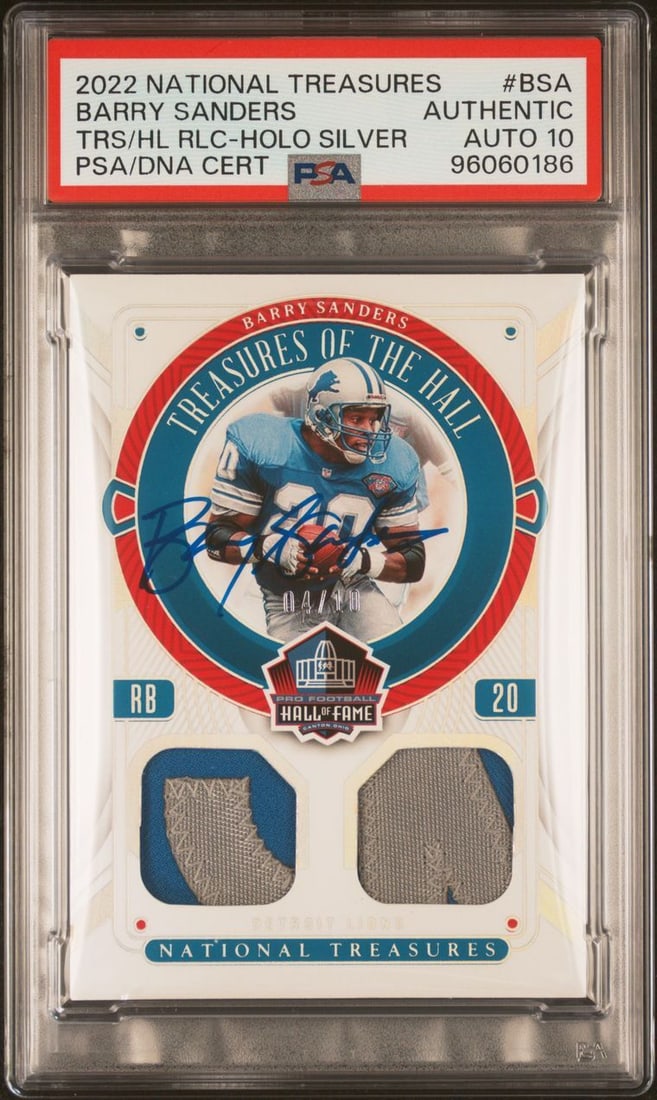 2022 Barry Sanders Autographed National Treasures Holo Silver Card PSA: 2022 Barry Sanders Autographed National Treasures Holo Silver Card PSA This is a 2022 National Treasures Treasures of the Hall Relics TRS/HL RLC-HOLO Silver #BSA sports trading card featuring Barry Sa