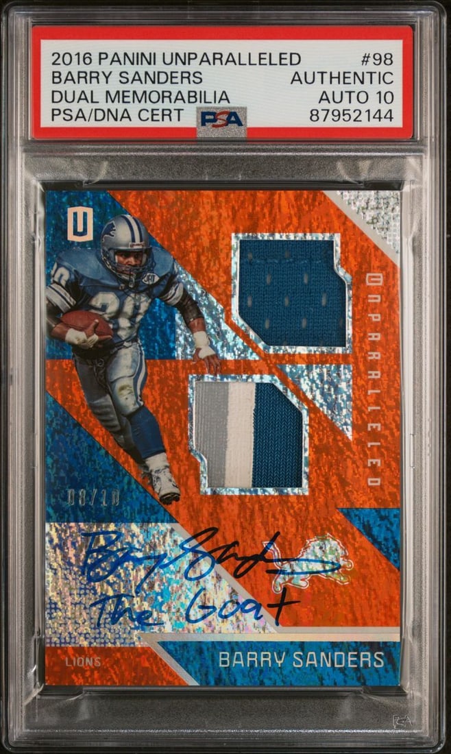 2016 Panini Unparalleled Barry Sanders Signed Dual Memorabilia #98 PSA: 2016 Panini Unparalleled Barry Sanders Signed Dual Memorabilia #98 PSA This is a 2016 Panini Unparalleled Dual Memorabilia #98 sports trading card, featuring the legendary Barry Sanders. The card is s