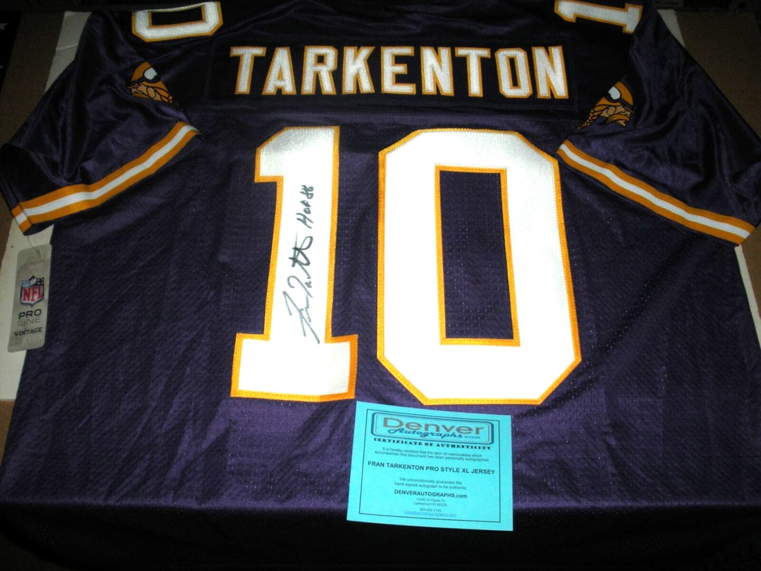 Autographed ProLine Jersey Minnesota Vikings Fran Tarkenton With COA: Autographed ProLine Jersey Minnesota Vikings Fran Tarkenton With COA This is a pre-owned, officially licensed Proline Minnesota Vikings jersey signed by Fran Tarkenton. The jersey comes with a certifi