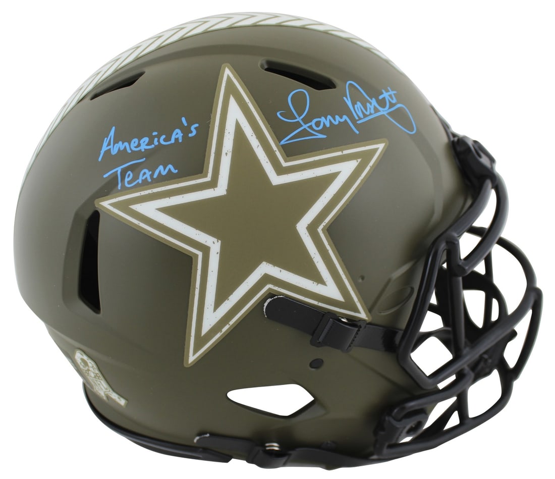 Tony Dorsett Autographed Cowboys Salute To Service Authentic Helmet Beckett Witnessed: Tony Dorsett Autographed Cowboys Salute To Service Authentic Helmet Beckett Witnessed This Dallas Cowboys Salute To Service Riddell Authentic Full Size Speed Proline Helmet has been personally signed 