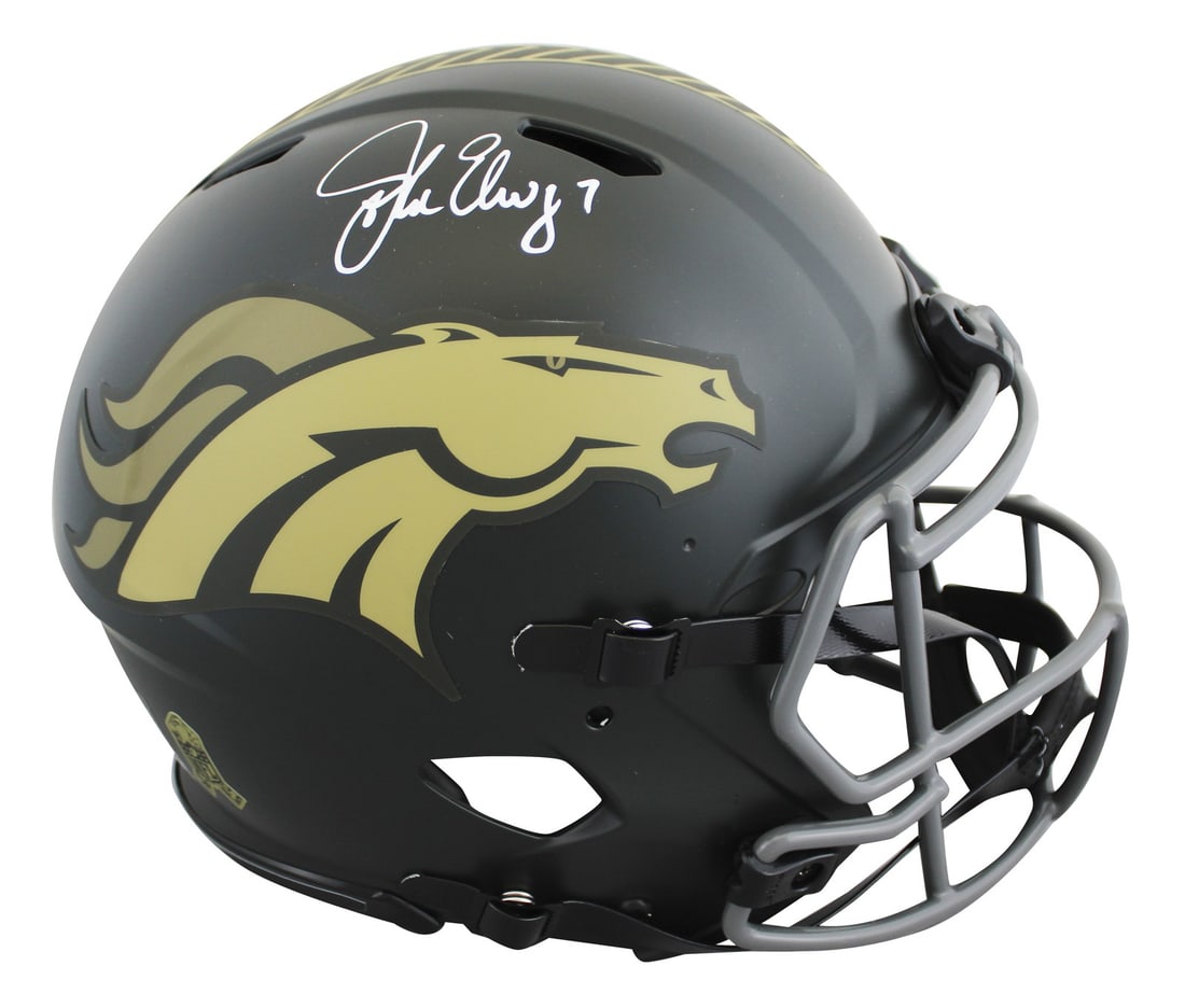 John Elway Autographed Riddell Salute to Service IV Broncos Helmet BAS Witness: John Elway Autographed Riddell Salute to Service IV Broncos Helmet BAS Witness This Denver Broncos full-size Riddell Authentic Speed Proline helmet features the 2025 Salute to Service IV alternate des