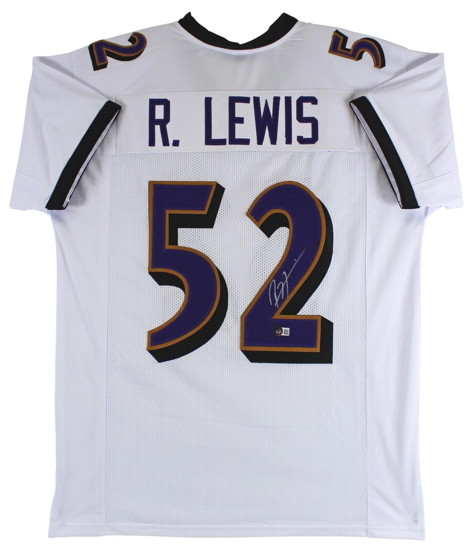 Ray Lewis signed Baltimore Ravens white pro style jersey PSA DNA witnessed: Ray Lewis signed Baltimore Ravens white pro style jersey PSA DNA witnessed This white pro style jersey has been personally signed by Ray Lewis of the Baltimore Ravens. The jersey is custom-stitched, n