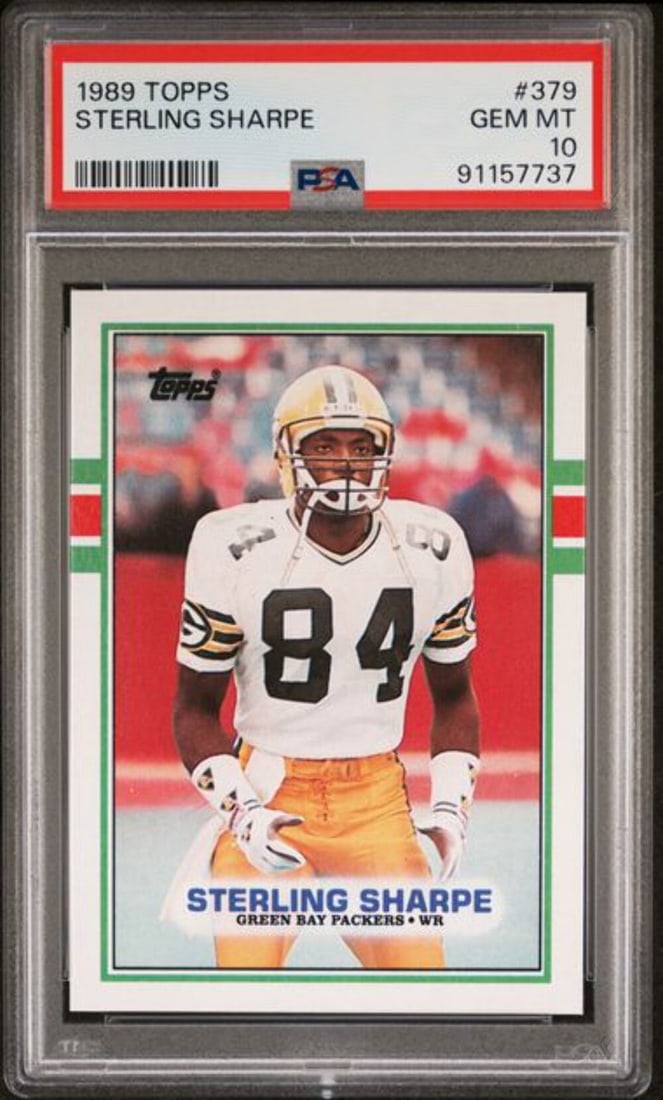 1989 Topps Sterling Sharpe Rookie Card PSA 10 Gem Mint NFL: 1989 Topps Sterling Sharpe Rookie Card PSA 10 Gem Mint NFL This is a graded 1989 Topps Sterling Sharpe #379 Rookie RC Football Card, achieving a prestigious PSA 10 Gem Mint rating. The card features S