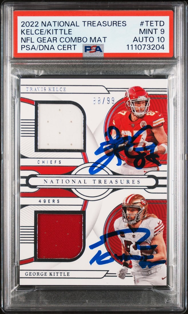 Travis Kelce George Kittle Signed 2022 NT #TETD #88/99 PSA 9 Auto 10 Card: Travis Kelce George Kittle Signed 2022 NT #TETD #88/99 PSA 9 Auto 10 Card This is a rare 2022 National Treasures NFL Gear Combo Materials card featuring the signatures of star players Travis Kelce and