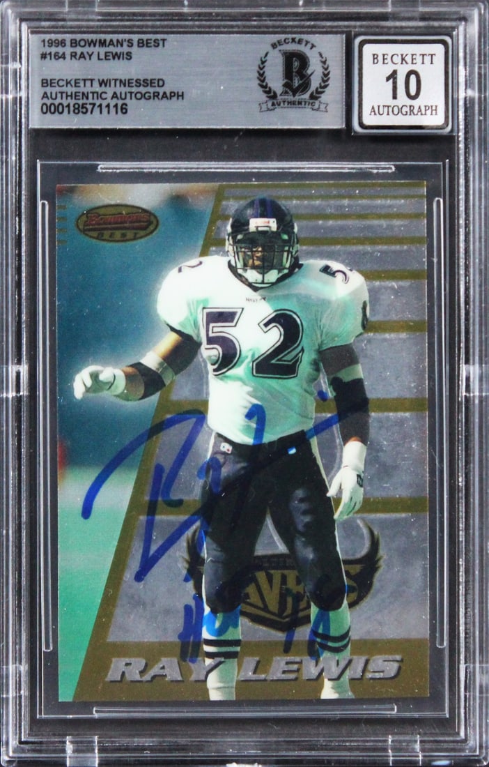 Ray Lewis Signed 1996 Bowman's Best RC Auto 10 HOF 18 Beckett: Ray Lewis Signed 1996 Bowman's Best RC Auto 10 HOF 18 Beckett Celebrate the legendary career of Ray Lewis with this 1996 Bowman's Best #164 Rookie Card, featuring his personal inscription "HOF 18". Th