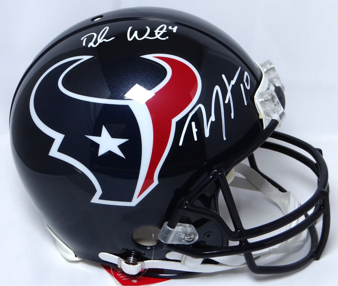 Houston Texans full size ProLine helmet signed by Watson and Hopkins JSA: Houston Texans full size ProLine helmet signed by Watson and Hopkins JSA This is a full-size Proline helmet featuring the Houston Texans, autographed by Deshaun Watson and Hopkins. The signatures are 