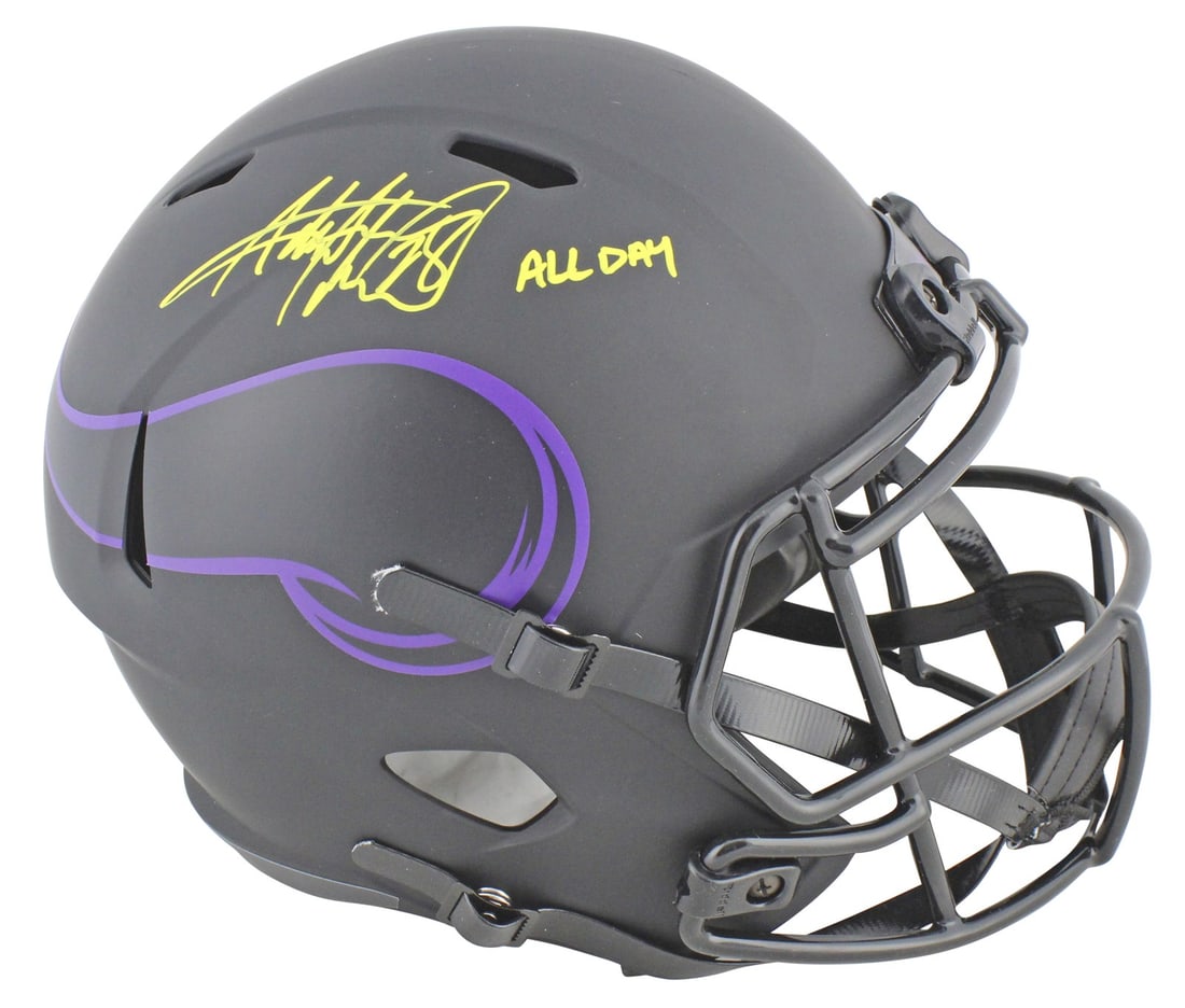 Adrian Peterson All Day autographed Vikings Eclipse Speed replica helmet BAS: Adrian Peterson All Day autographed Vikings Eclipse Speed replica helmet BAS This is an autographed Minnesota Vikings Eclipse Full Size Speed Replica Helmet, personally signed by Adrian Peterson with 