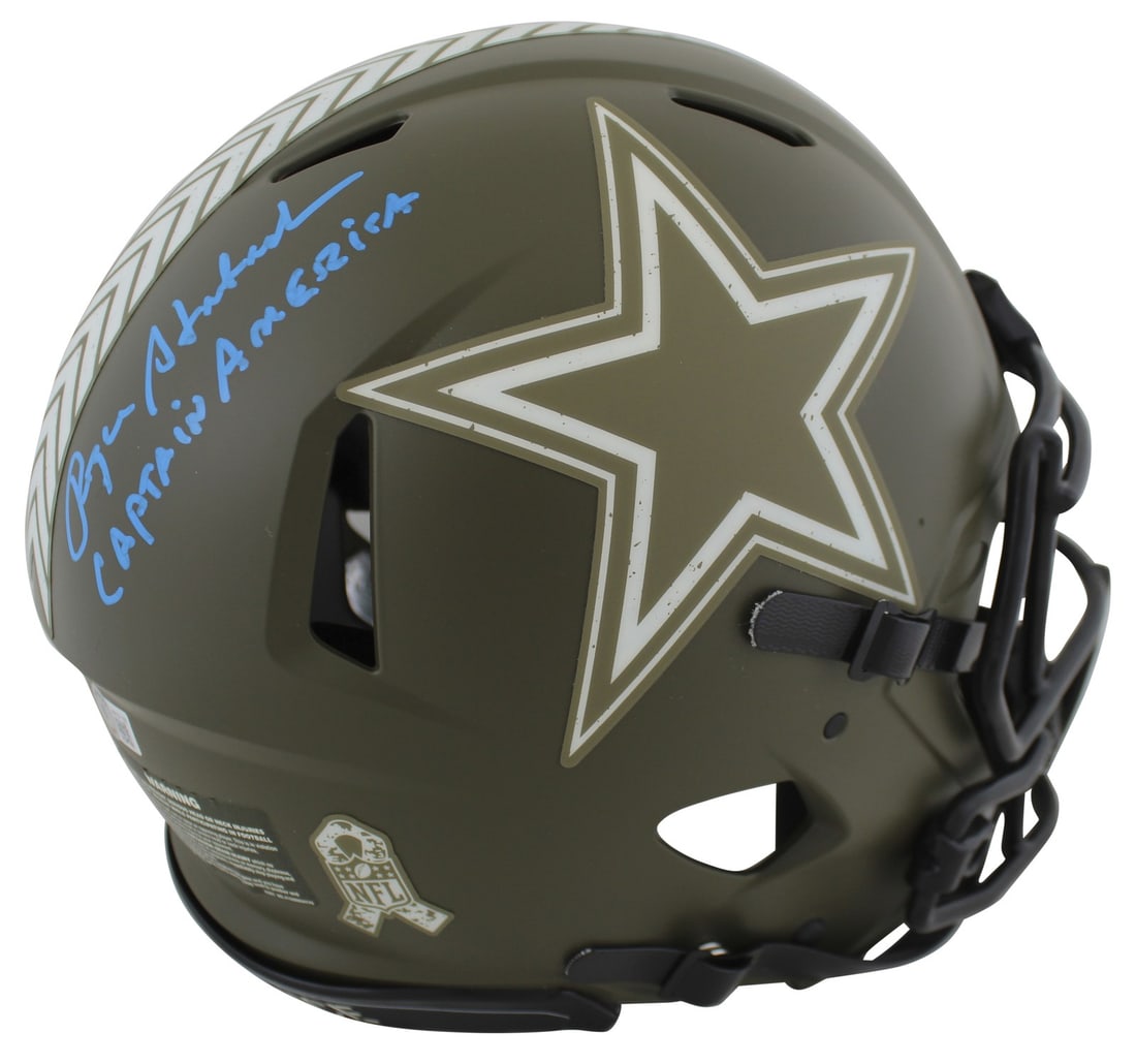 Roger Staubach Signed Dallas Cowboys Salute To Service Helmet BAS Certified: Roger Staubach Signed Dallas Cowboys Salute To Service Helmet BAS Certified Celebrate the legacy of Roger Staubach with this autographed full-size Speed Proline helmet, featuring the inscription "Capt