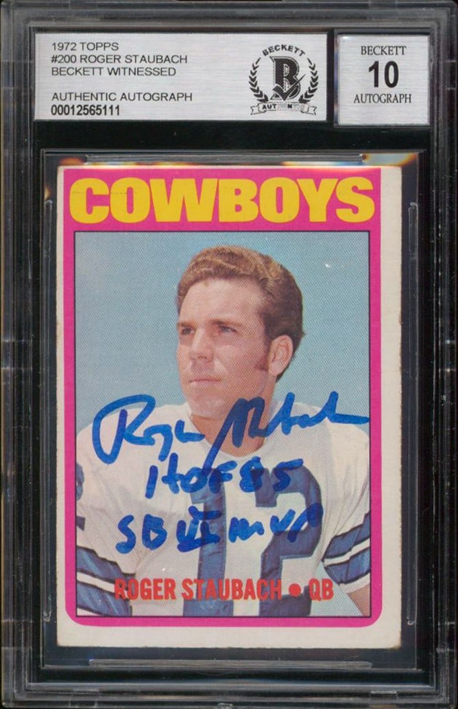 1972 Topps #200 Rookie Card Roger Staubach Signed With Inscriptions BAS 10: 1972 Topps #200 Rookie Card Roger Staubach Signed With Inscriptions BAS 10 This is an original 1972 Topps #200 rookie card that has been personally signed by Roger Staubach of the Dallas Cowboys. The 