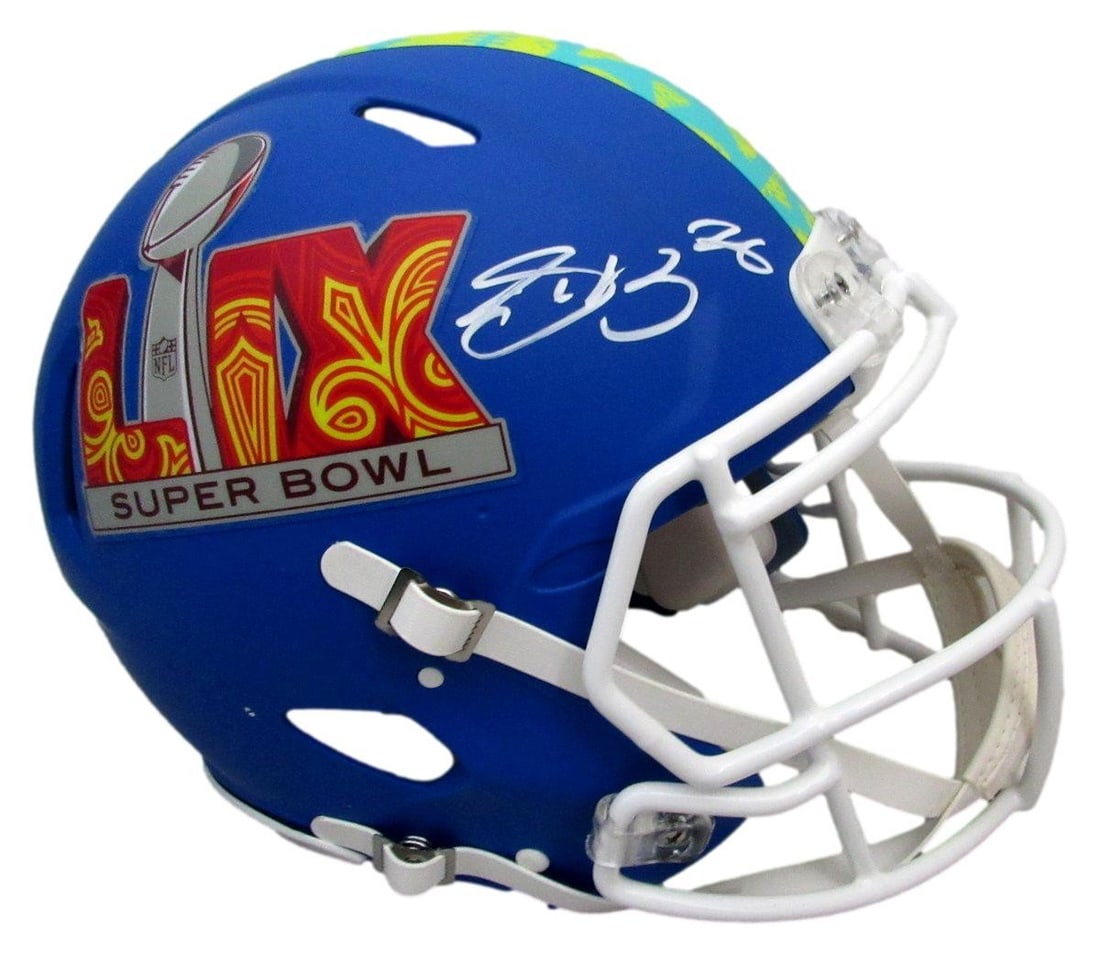 Super Bowl LIX Eagles Full Size Helmet Signed by Saquon Barkley PSA Authenticated: Super Bowl LIX Eagles Full Size Helmet Signed by Saquon Barkley PSA Authenticated This is a pre-owned, full-size authentic football helmet featuring a blue Super Bowl LIX design, signed by Saquon Bark