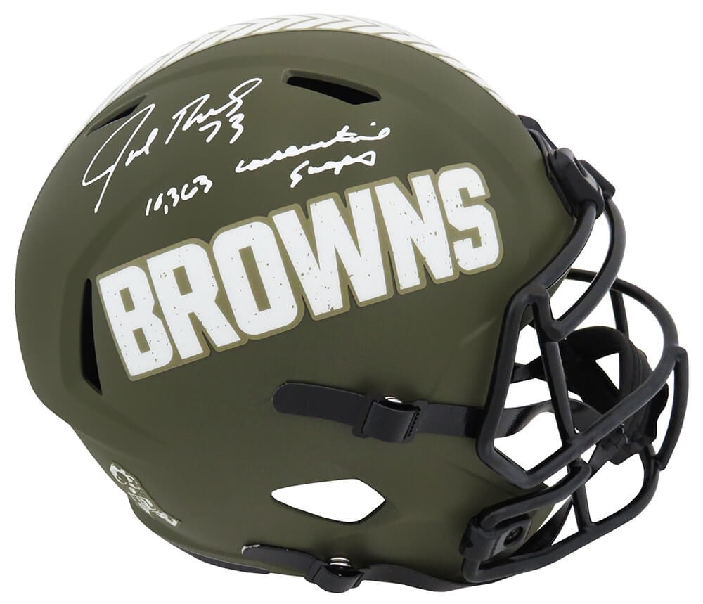 Joe Thomas Signed Browns Salute to Service Helmet with Inscription: Joe Thomas Signed Browns Salute to Service Helmet with Inscription This is a Cleveland Browns Salute to Service full-size speed replica helmet signed by NFL legend Joe Thomas. The helmet features the 