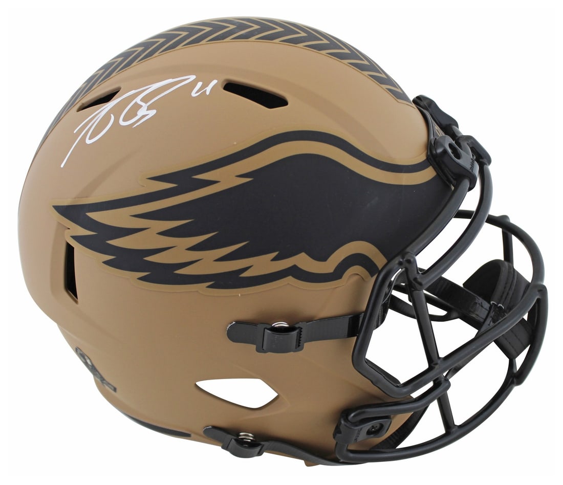 A.J. Brown Signed 2023 Eagles Salute To Service Helmet BAS Authenticated: A.J. Brown Signed 2023 Eagles Salute To Service Helmet BAS Authenticated This A.J. Brown autographed full-size Speed replica helmet celebrates the Philadelphia Eagles and their 2023 Salute to Service 