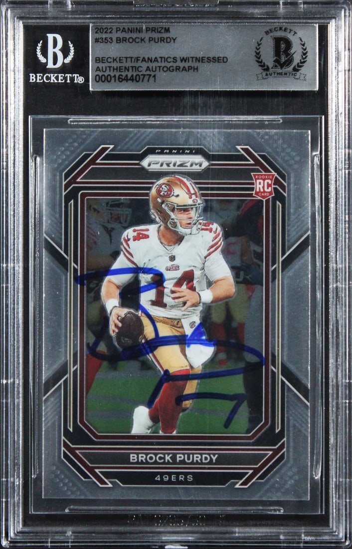Beckett slabbed Brock Purdy autographed 2022 Panini Prizm rookie card: Beckett slabbed Brock Purdy autographed 2022 Panini Prizm rookie card This is an autographed 2022 Panini Prizm #353 rookie card featuring Brock Purdy of the San Francisco 49ers. The card has been pers