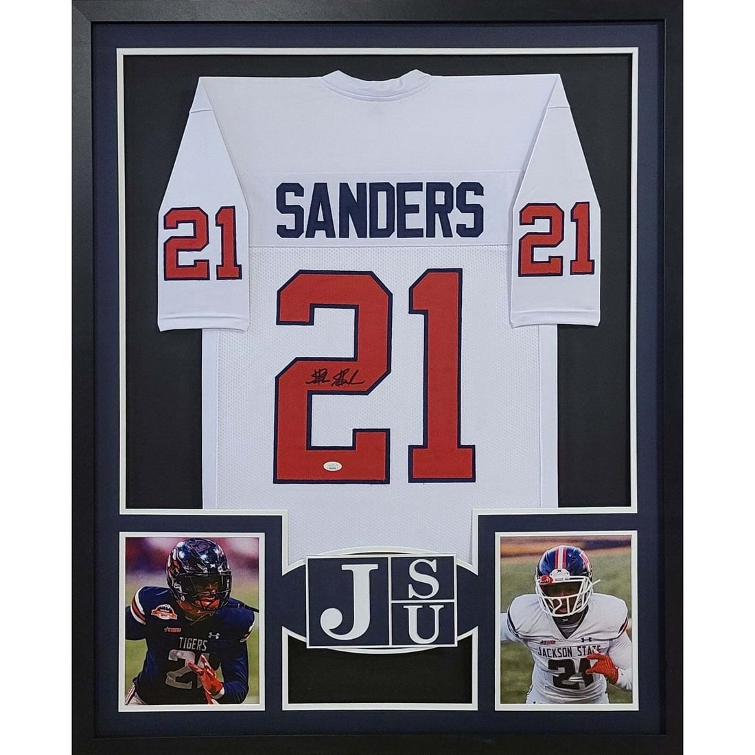 Shilo Sanders JSA Autographed Framed Jersey 42x34 Colorado Jackson State: Shilo Sanders JSA Autographed Framed Jersey 42x34 Colorado Jackson State This stunning Shilo Sanders framed jersey is a must-have for any sports memorabilia collector. Authenticated by JSA, a leader i