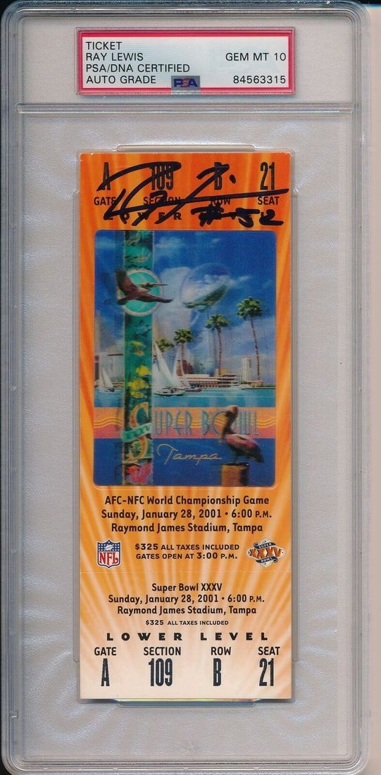 Super Bowl XXXV Full Ticket Signed Ray Lewis HOF PSA/DNA 10: Super Bowl XXXV Full Ticket Signed Ray Lewis HOF PSA/DNA 10 Celebrate a historic moment in football with this authentic Super Bowl XXXV Full Ticket, showcasing the Baltimore Ravens' victory over the N