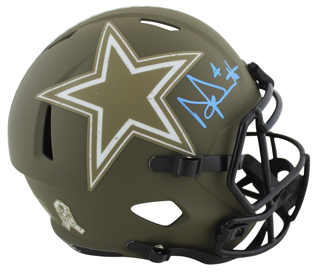 Dak Prescott Signed Cowboys Salute To Service Full Size Helmet BAS Witnessed: Dak Prescott Signed Cowboys Salute To Service Full Size Helmet BAS Witnessed This authentic Dallas Cowboys helmet is a full-size Speed Replica featuring Dak Prescott's signature. The item is part of t