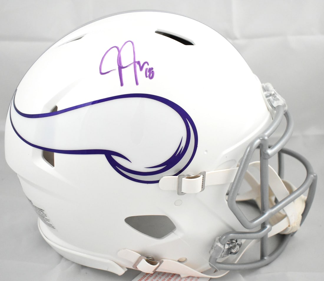Minnesota Vikings full size alt speed helmet signed by Justin Jefferson Beckett holo: Minnesota Vikings full size alt speed helmet signed by Justin Jefferson Beckett holo This is a Minnesota Vikings full-size alternate Speed Authentic helmet signed by Justin Jefferson. The helmet is an