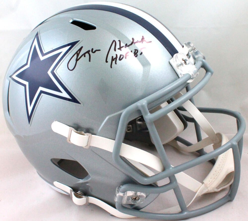 Dallas Cowboys Roger Staubach signed speed helmet Beckett hologram HOF: Dallas Cowboys Roger Staubach signed speed helmet Beckett hologram HOF This Dallas Cowboys full-size Speed helmet features the authentic autograph of Roger Staubach along with a Hall of Fame inscripti