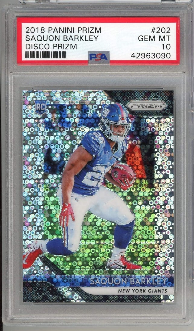 2018 Panini Prizm Disco Saquon Barkley Rookie #202 PSA 10 Graded Card: 2018 Panini Prizm Disco Saquon Barkley Rookie #202 PSA 10 Graded Card This is a graded 2018 Panini Prizm Disco Prizm Saquon Barkley #202 Rookie RC Card, rated PSA 10. The card features Saquon Barkley,