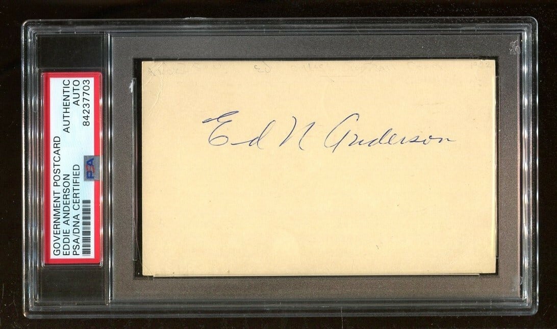 Eddie Anderson Autographed 3x5 Index Card CFBHOF PSA/DNA Rare: Eddie Anderson Autographed 3x5 Index Card CFBHOF PSA/DNA Rare This is an original 3x5 index card signed by Eddie Anderson, a notable figure in football history. The autograph has been authenticated by