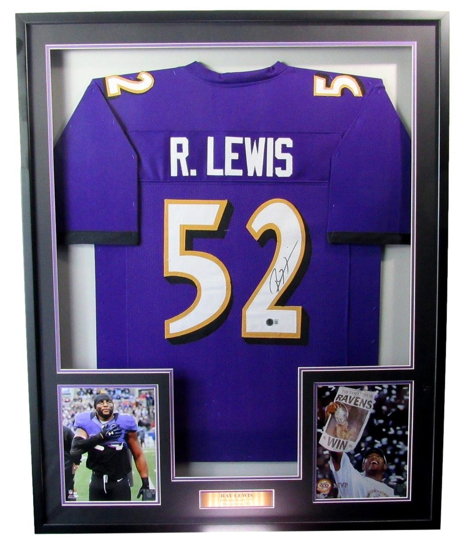 Ray Lewis Signed Framed Purple Ravens Jersey Beckett Authenticated: Ray Lewis Signed Framed Purple Ravens Jersey Beckett Authenticated This Ray Lewis autographed framed purple Baltimore Ravens jersey is a must-have for any football fan. The jersey is authenticated by 