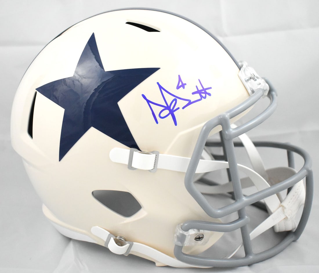 Dallas Cowboys F S Retro Speed Helmet Autographed by Dak Prescott Beckett Holo: Dallas Cowboys F S Retro Speed Helmet Autographed by Dak Prescott Beckett Holo This Dallas Cowboys full-size Retro Speed helmet features the autograph of Dak Prescott. The helmet is an original piece,