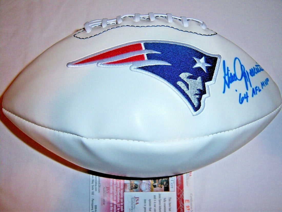 Signed Football by Gino Cappelletti New England Patriots 1964 AFL MVP JSA COA: Signed Football by Gino Cappelletti New England Patriots 1964 AFL MVP JSA COA This is an original football signed by Gino Cappelletti, celebrated as the 1964 AFL MVP for the New England Patriots. The 