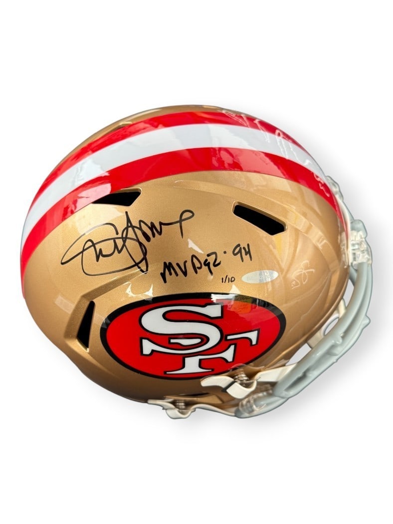 Full Size 49ers Helmet Signed by Steve Young With Upper Deck Authentication 1 of 10: Full Size 49ers Helmet Signed by Steve Young With Upper Deck Authentication 1 of 10 This full-sized San Francisco 49ers helmet is autographed by Steve Young and features the inscription "MVP 92.94." T