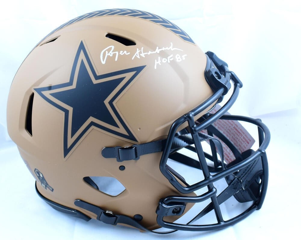 Roger Staubach autographed Dallas Cowboys Speed helmet Beckett hologram: Roger Staubach autographed Dallas Cowboys Speed helmet Beckett hologram This Dallas Cowboys full-size Speed Authentic helmet features the signature of Roger Staubach. The helmet is authenticated by Be