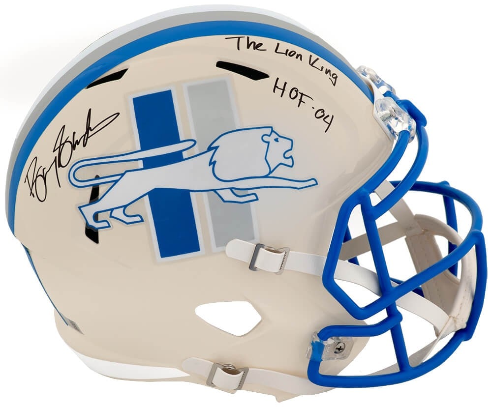 Barry Sanders Detroit Lions Speed Replica Helmet HOF 04 Inscription: Barry Sanders Detroit Lions Speed Replica Helmet HOF 04 Inscription This is a Detroit Lions Retro Riddell full size speed replica helmet, personally signed by Barry Sanders. The helmet features the in