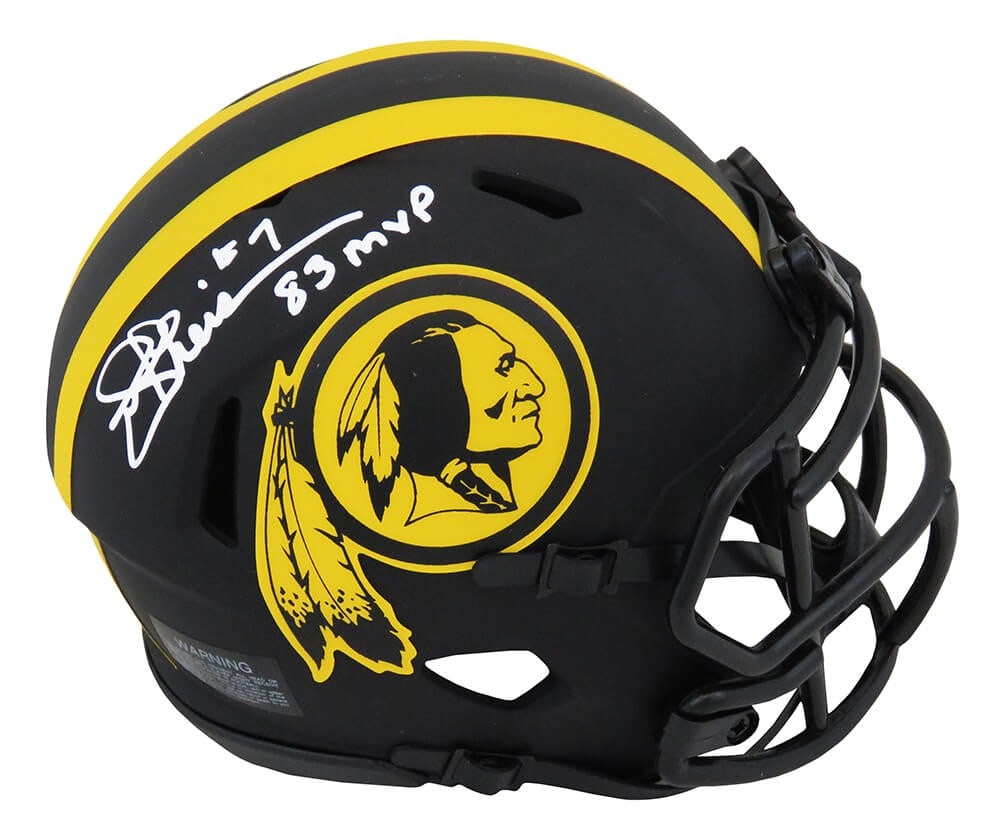 Joe Theismann Signed Eclipse Mini Helmet with 83 MVP Inscription: Joe Theismann Signed Eclipse Mini Helmet with 83 MVP Inscription This is a signed mini helmet of Joe Theismann, featuring the Washington Redskins Eclipse design in a striking black matte finish. The h