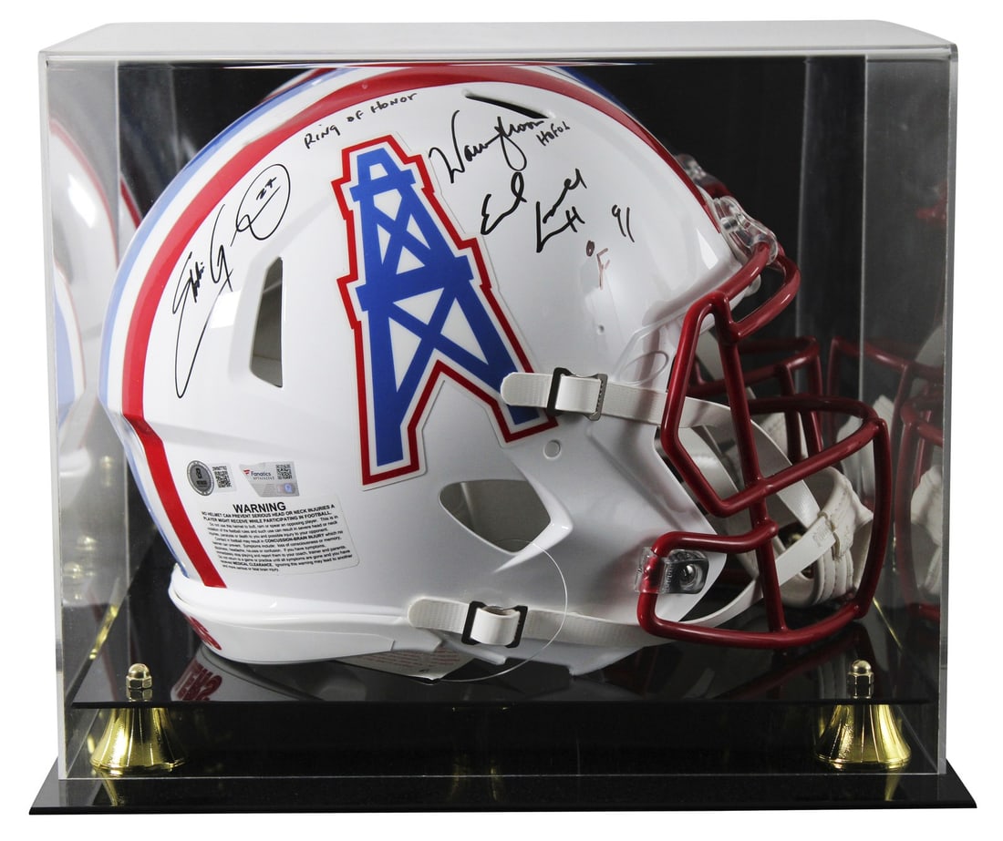 Earl Campbell Eddie George Warren Moon Signed Helmet Houston Oilers BAS Authentic: Earl Campbell Eddie George Warren Moon Signed Helmet Houston Oilers BAS Authentic This authentic 1981-98 Throwback Full Size Speed Proline Helmet features the signatures of NFL legends Earl Campbell, 