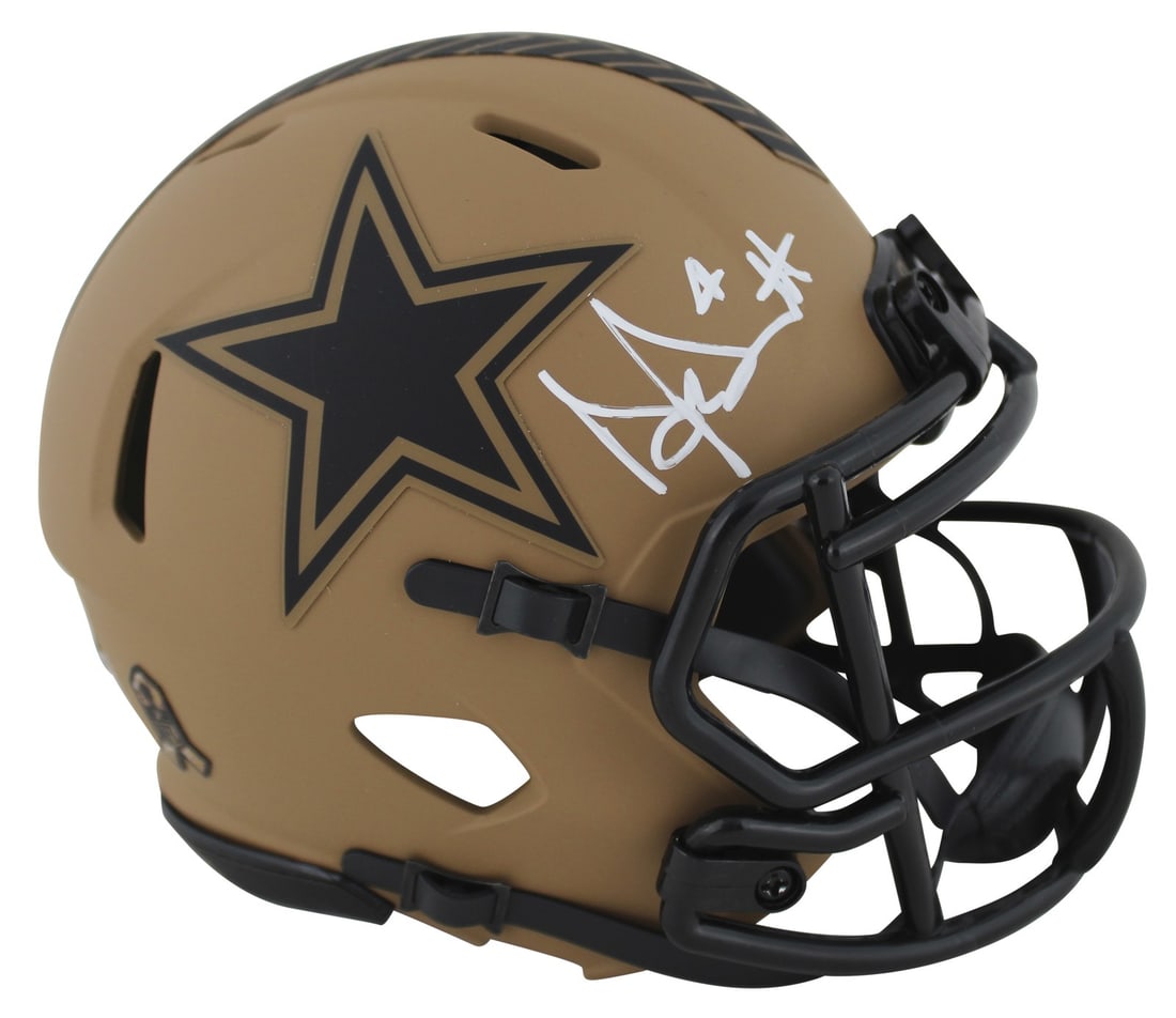 Dak Prescott Signed Cowboys Salute To Service II Mini Helmet BAS Authenticated: Dak Prescott Signed Cowboys Salute To Service II Mini Helmet BAS Authenticated This authentic 2023 Salute To Service II Riddell Speed Mini Helmet has been personally signed by Dak Prescott, quarterbac