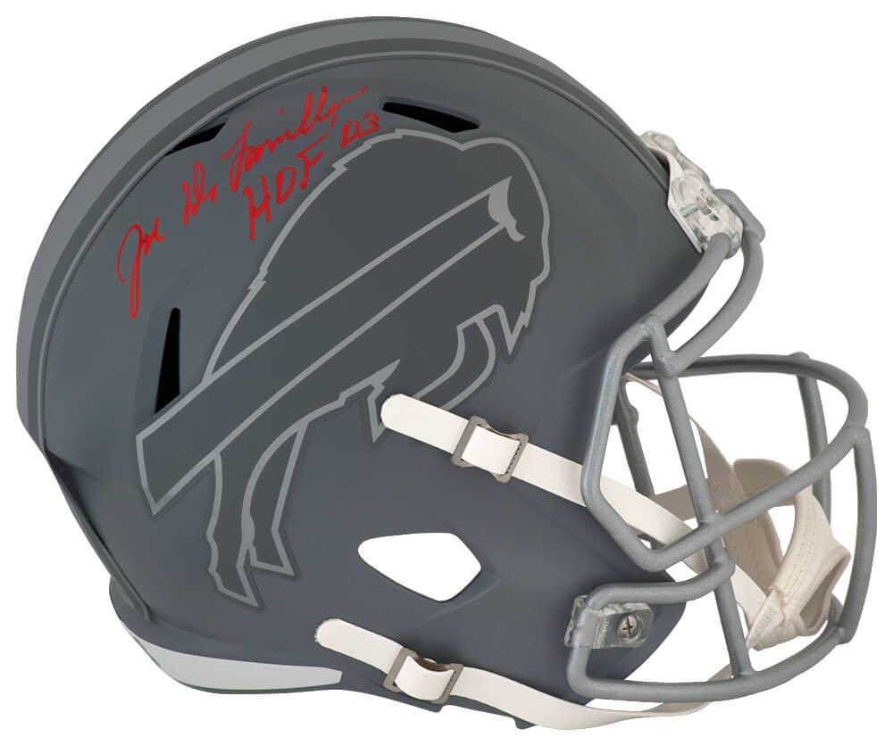 Joe DeLamielleure Signed Buffalo Bills Riddell Helmet with HOF Inscription: Joe DeLamielleure Signed Buffalo Bills Riddell Helmet with HOF Inscription This is a remarkable full-size speed replica helmet of Joe DeLamielleure, signed by the legendary player himself. As a member