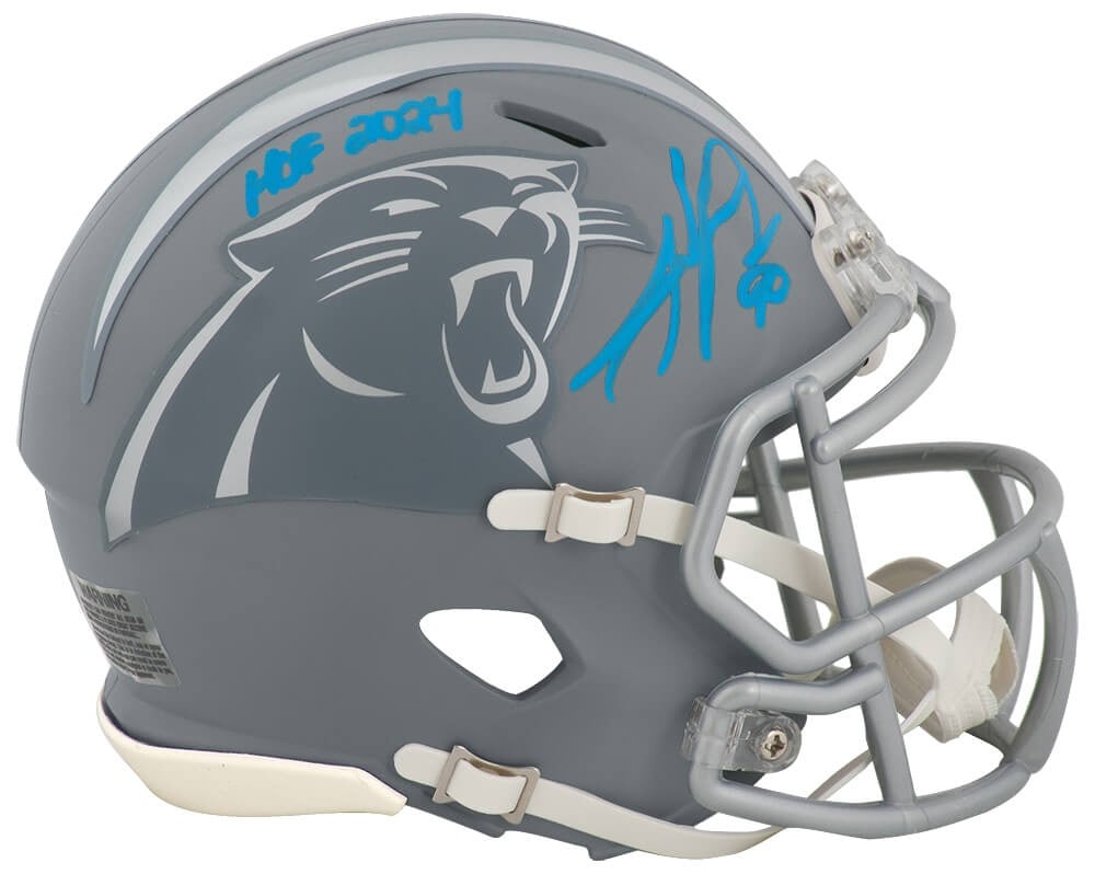Julius Peppers Signed Carolina Panthers Mini Helmet HOF 2024 COA: Julius Peppers Signed Carolina Panthers Mini Helmet HOF 2024 COA This is a signed Carolina Panthers slate Riddell mini helmet featuring the autograph of NFL star Julius Peppers, along with the inscrip