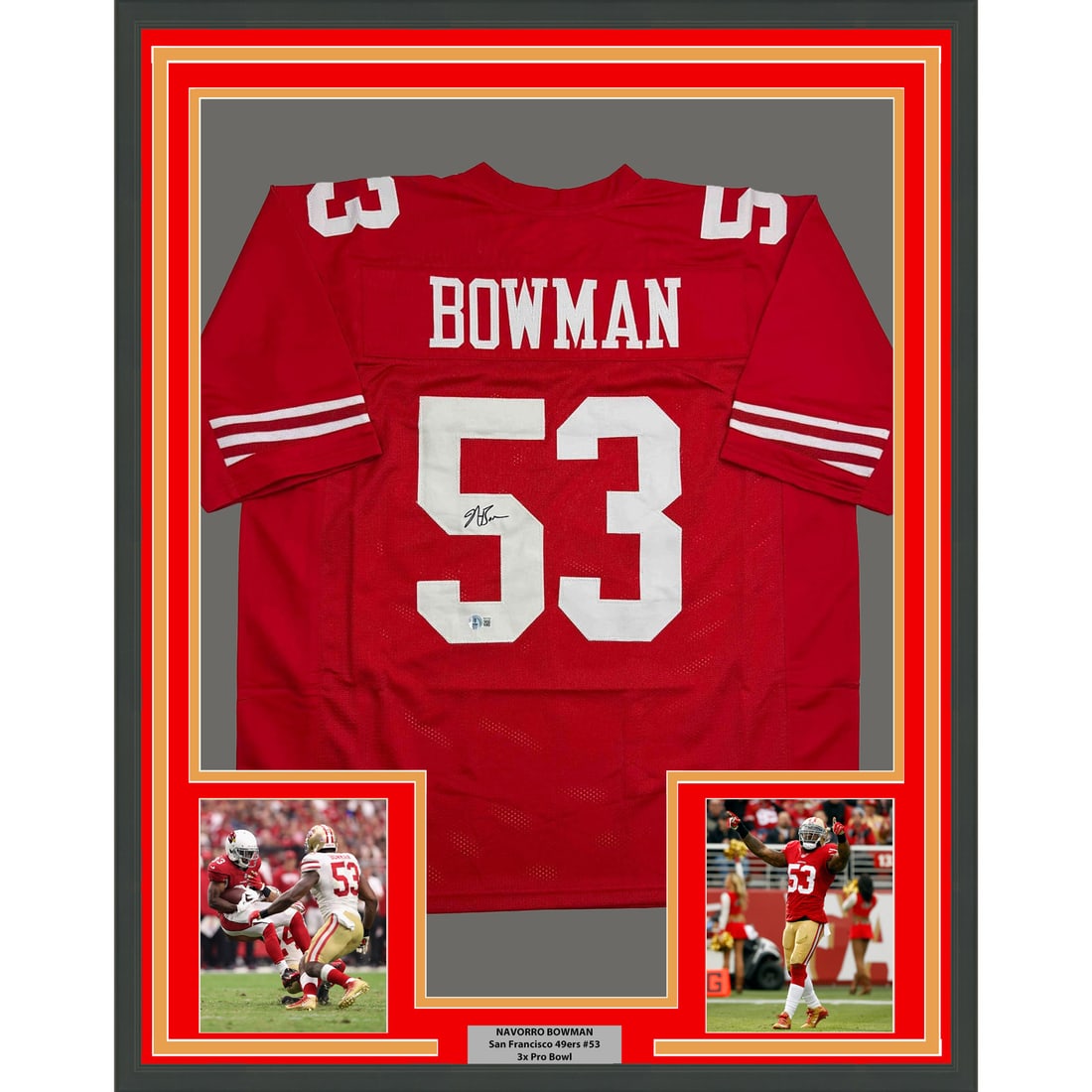 Framed NaVorro Bowman Signed 35x39 Red 49ers Jersey Beckett BAS COA: Framed NaVorro Bowman Signed 35x39 Red 49ers Jersey Beckett BAS COA This professionally framed and matted display features a red San Francisco 49ers jersey autographed by NaVorro Bowman. The presentat