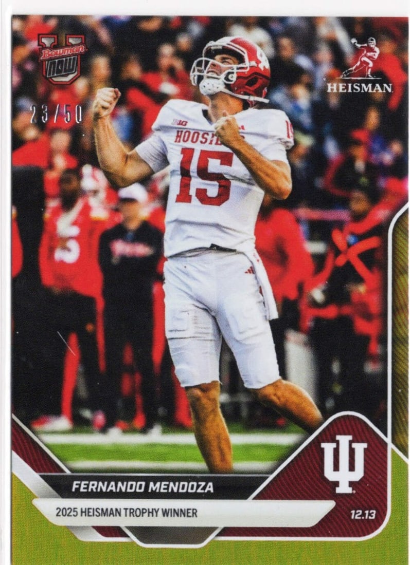 Fernando Mendoza Gold Foil Rookie Card Bowman U Now #60 Limited to 50: Fernando Mendoza Gold Foil Rookie Card Bowman U Now #60 Limited to 50 This is an original 2025 Topps Bowman U Now Fernando Mendoza #60 Gold Foil /50 RC football card. The card features Fernando Mendoz