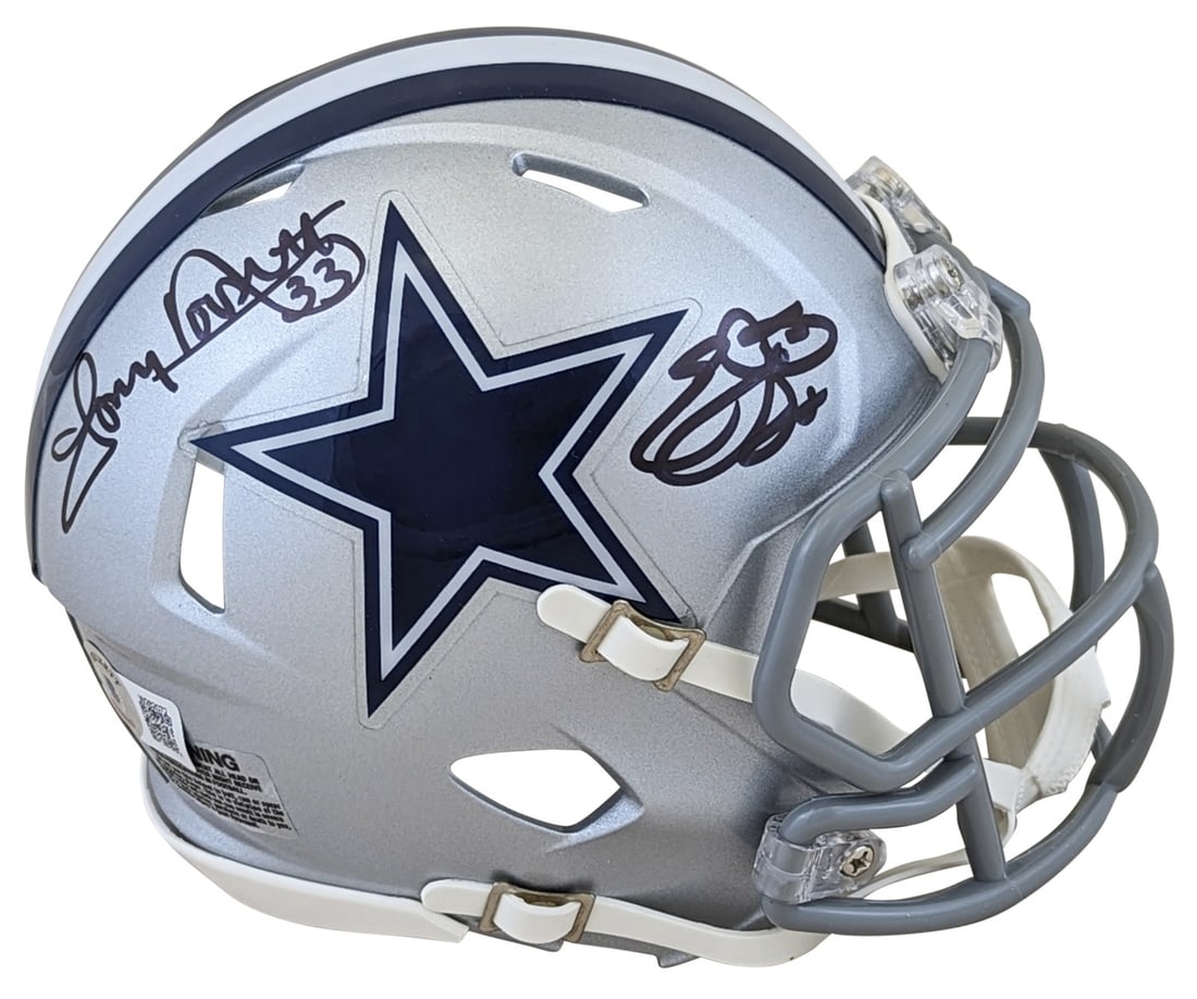 BAS Witnessed Dallas Cowboys Speed Mini Helmet Signed by Emmitt Smith Tony Dorsett: BAS Witnessed Dallas Cowboys Speed Mini Helmet Signed by Emmitt Smith Tony Dorsett This Dallas Cowboys Speed Mini Helmet has been personally signed by Emmitt Smith and Tony Dorsett. The autographs wer