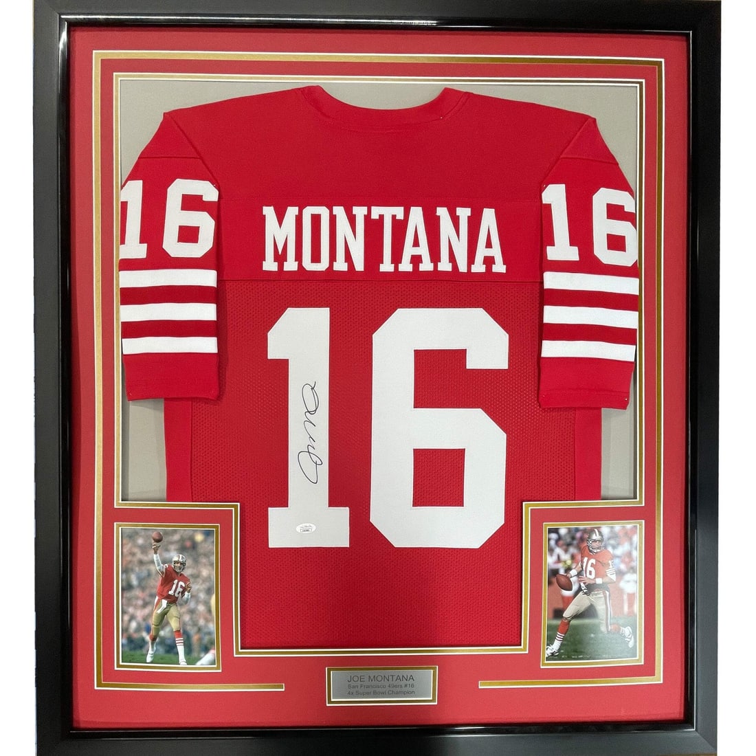 Framed Autographed Joe Montana San Francisco 49ers Jersey with JSA COA: Framed Autographed Joe Montana San Francisco 49ers Jersey with JSA COA Celebrate the legacy of Joe Montana with this stunning framed autographed San Francisco 49ers jersey. Measuring 33" x 42", this p