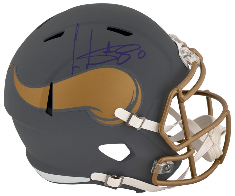 Cris Carter Signed Vikings Slate Riddell Full Size Helmet with COA: Cris Carter Signed Vikings Slate Riddell Full Size Helmet with COA This is a full-size replica helmet of Cris Carter, a legendary player of the Minnesota Vikings. The helmet features a sleek slate des