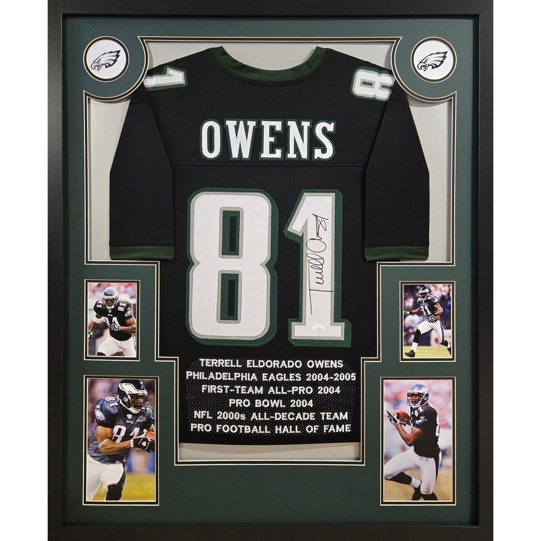 Terrell Owens Signed Eagles Jersey Framed JSA Authenticated 42x34: Terrell Owens Signed Eagles Jersey Framed JSA Authenticated 42x34 Celebrate the legacy of Terrell Owens with this autographed Philadelphia Eagles jersey, expertly framed for display. Authenticated by 
