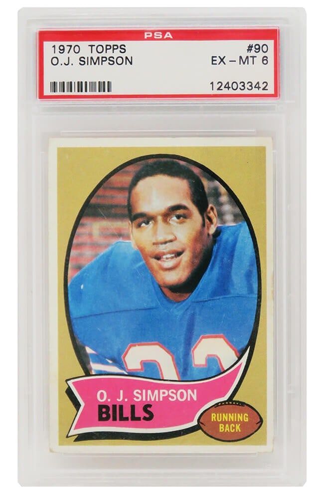 O.J. Simpson 1970 Topps Football Rookie Card #90 PSA 6 EX-MT: O.J. Simpson 1970 Topps Football Rookie Card #90 PSA 6 EX-MT This listing features an O.J. Simpson 1970 Topps Football rookie card #90, encapsulated and graded EX-MT (Excellent Mint) 6 by PSA. The car