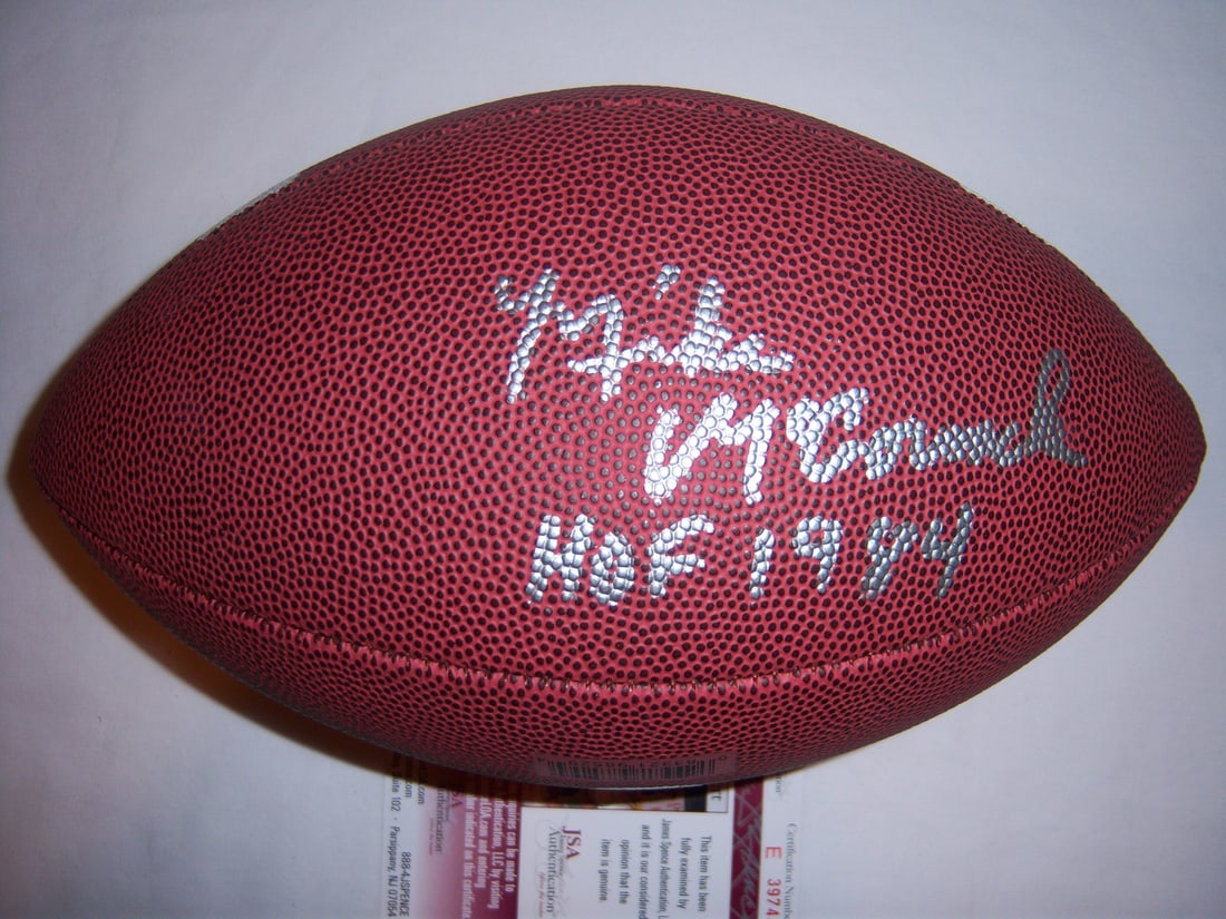 Mike McCormack HOF 1984 JSA COA Autographed Football: Mike McCormack HOF 1984 JSA COA Autographed Football This is an original football signed by Mike McCormack, featuring the inscription 'HOF 1984.' The item is related to the sport of football and origi