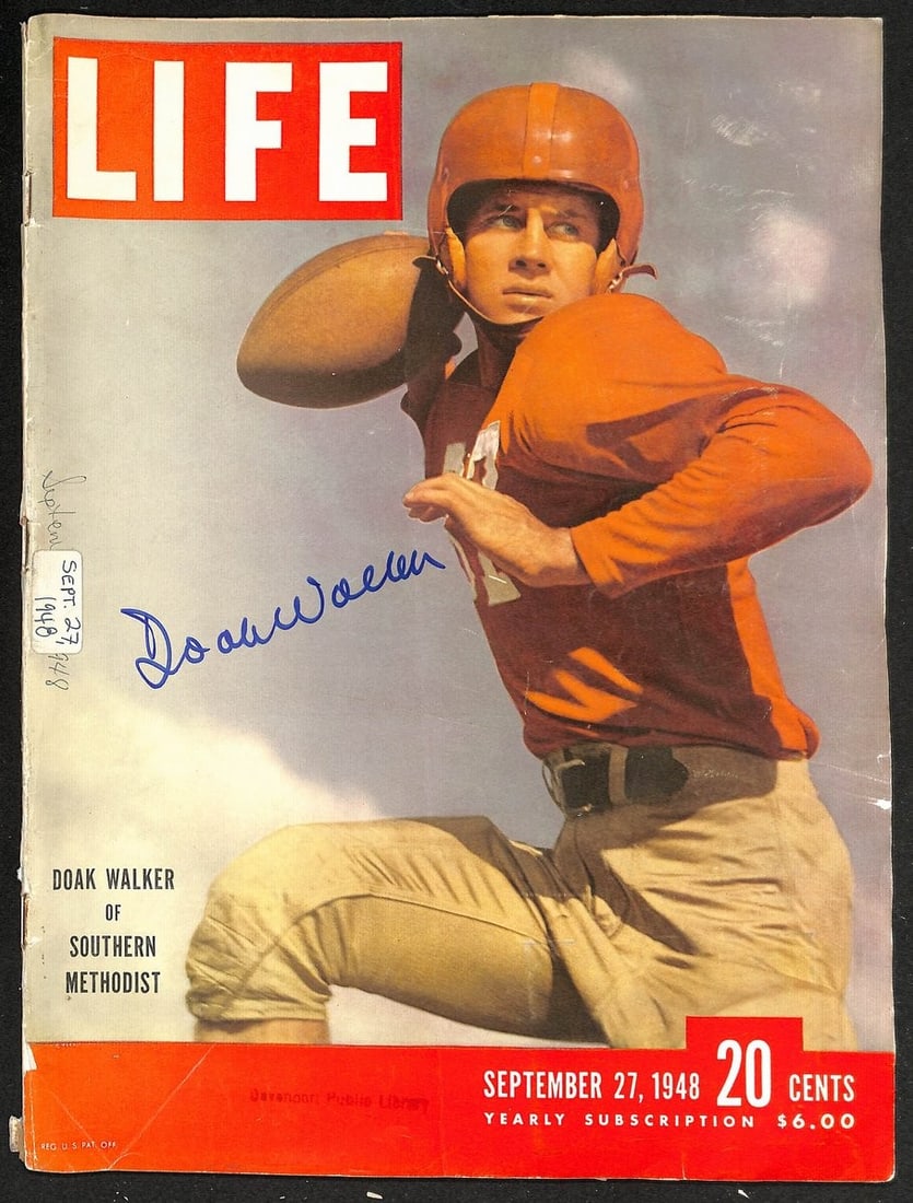 Autographed LIFE Magazine September 27 1948 Doak Walker SMU PSA DNA Certified: Autographed LIFE Magazine September 27 1948 Doak Walker SMU PSA DNA Certified This is an original September 27, 1948 issue of LIFE Magazine featuring the SMU Mustangs, signed by Hall of Famer Doak Wal