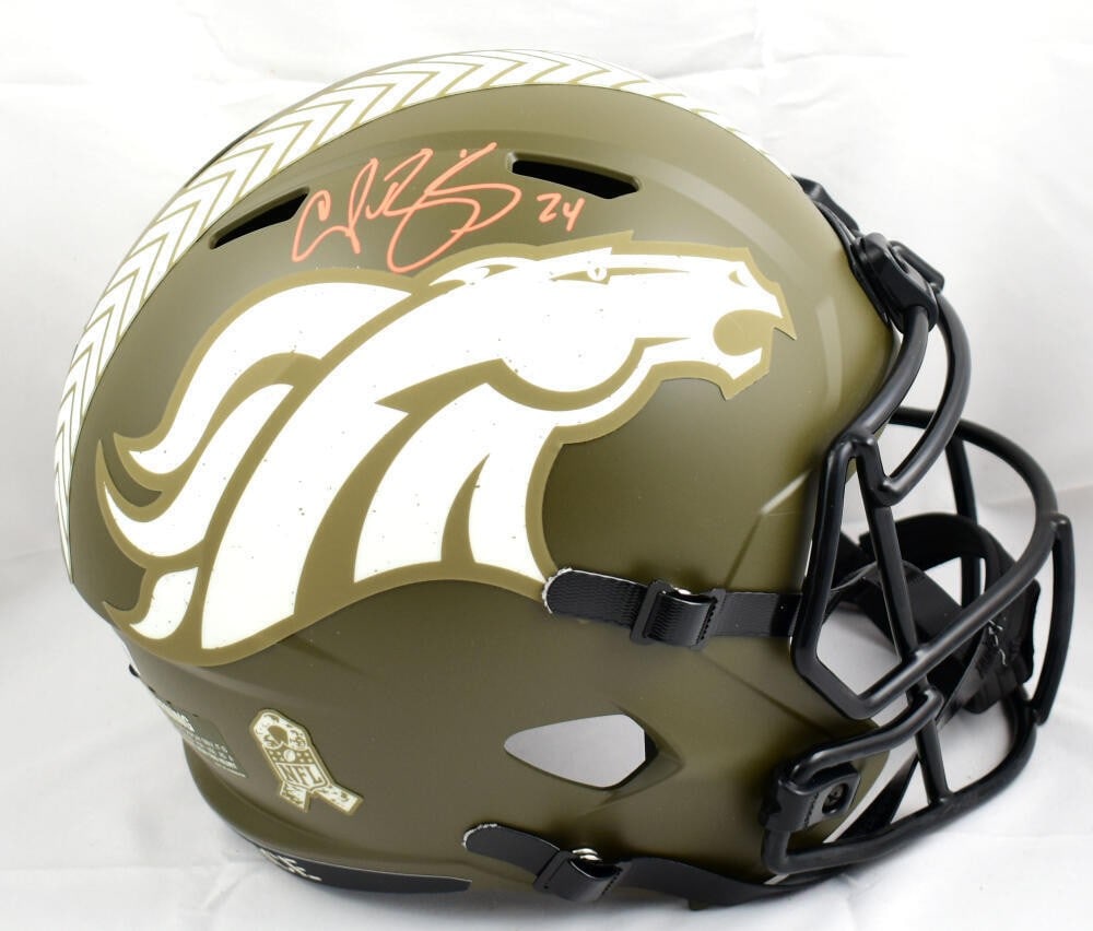Signed Denver Broncos speed helmet Champ Bailey BAS hologram: Signed Denver Broncos speed helmet Champ Bailey BAS hologram This is a Denver Broncos full-size Salute to Service Speed helmet signed by Champ Bailey. The autograph is authenticated by Beckett Authent