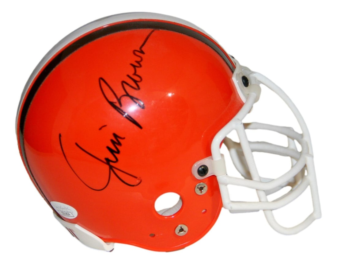 Jim Brown Signed Cleveland Browns Mini Helmet JSA Authenticated: Jim Brown Signed Cleveland Browns Mini Helmet JSA Authenticated This Cleveland Browns mini helmet features the legendary Jim Brown's autograph, making it a must-have for any football enthusiast or mem