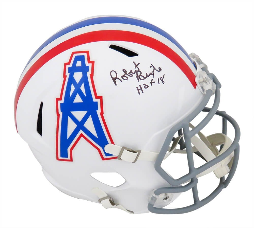 Houston Oilers Full Size Speed Replica Helmet Signed by Robert Brazile with HOF 18: Houston Oilers Full Size Speed Replica Helmet Signed by Robert Brazile with HOF 18 This is a Houston Oilers throwback Riddell full-size speed replica helmet featuring a grey facemask, hand-signed by R